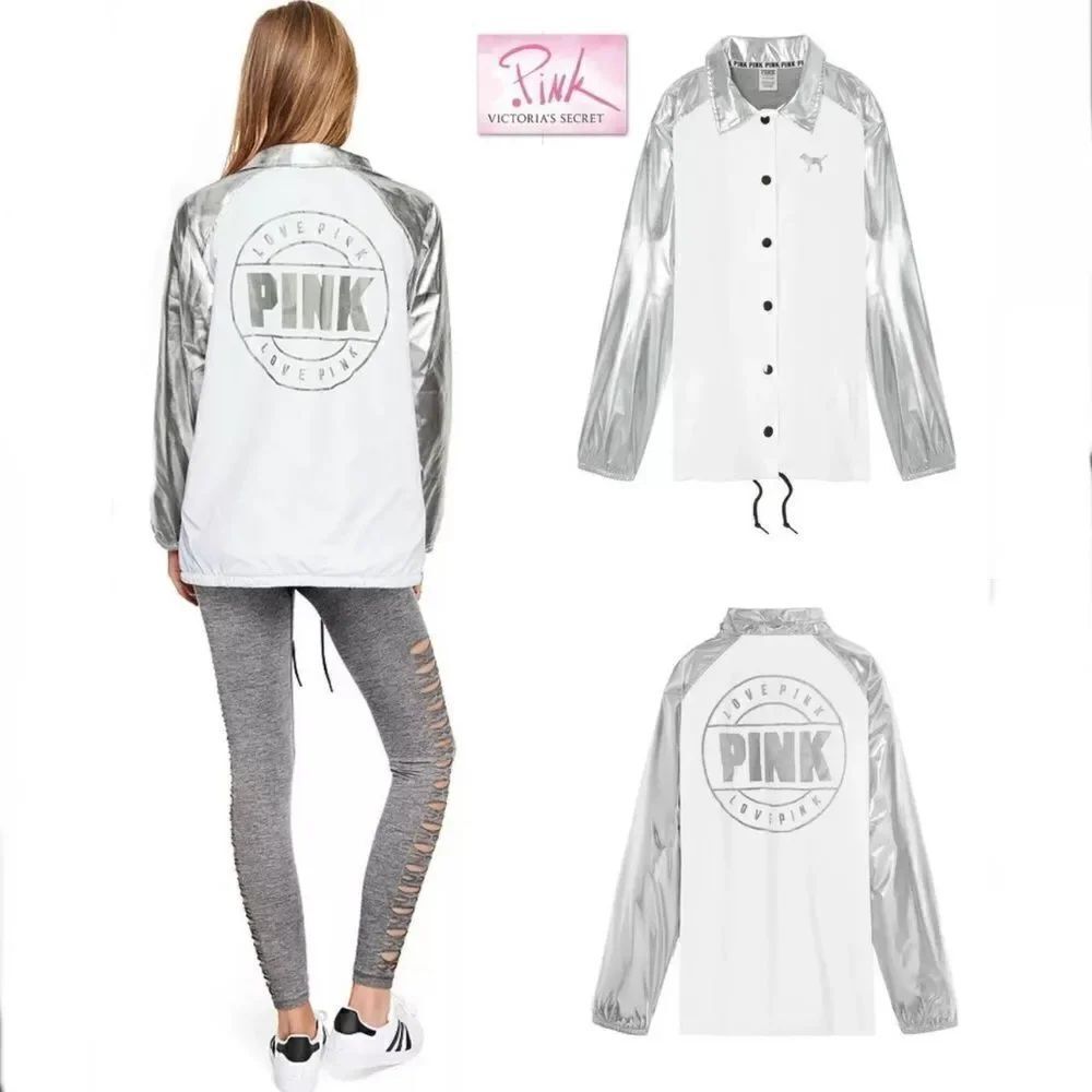 NWT Sz S, M ,L, Victoria's Secret Pink Snap Coach Jacket Anorak Silver White New